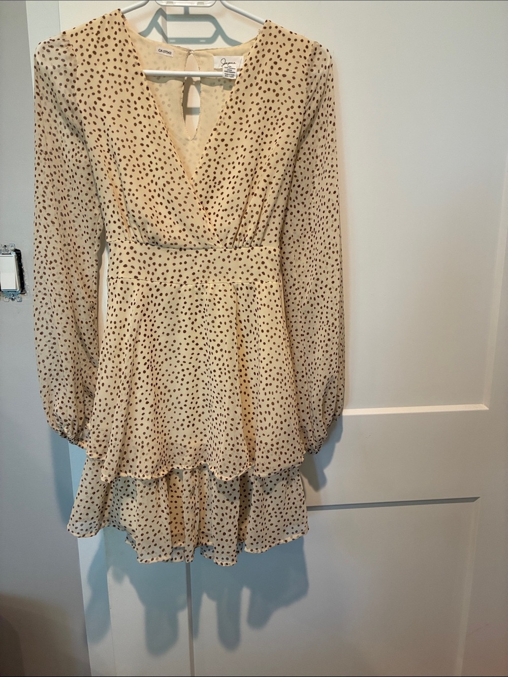 Japna Cream Long-Sleeve Tiered Polka Dot Dress. B16